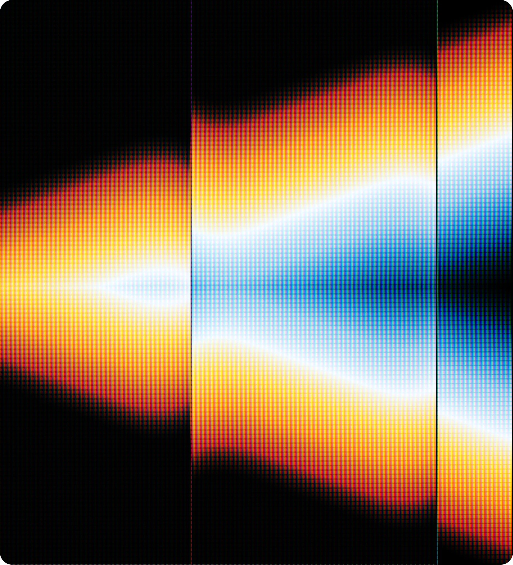 Pixelated abstract image with horizontal gradients of orange, yellow, white, and blue hues against a black background.
