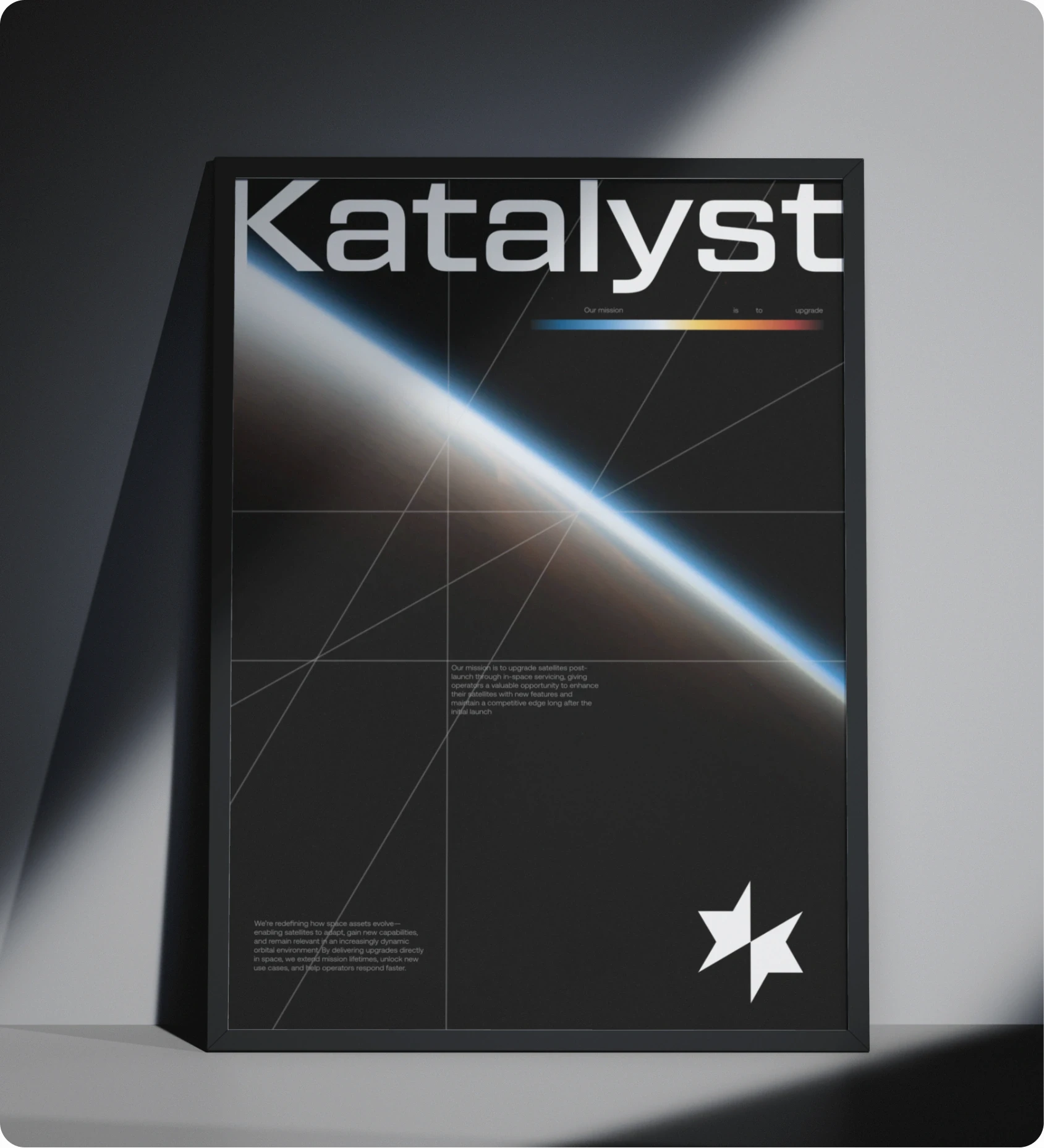 Framed poster titled 'Katalyst' showing Earth's horizon from space with a thin blue atmosphere glow and geometric line overlays.