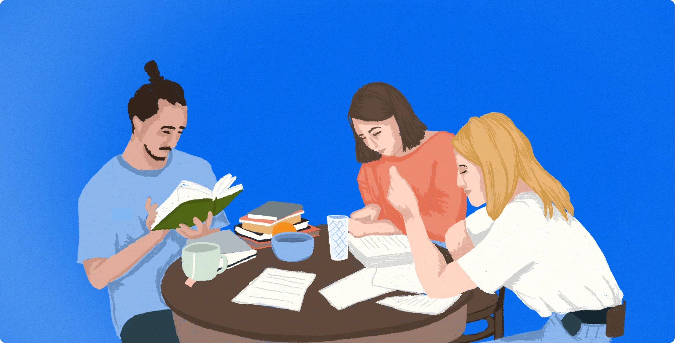 Illustration of three diverse young people on a blue background with Dutch text about supporting youth with complex care needs.