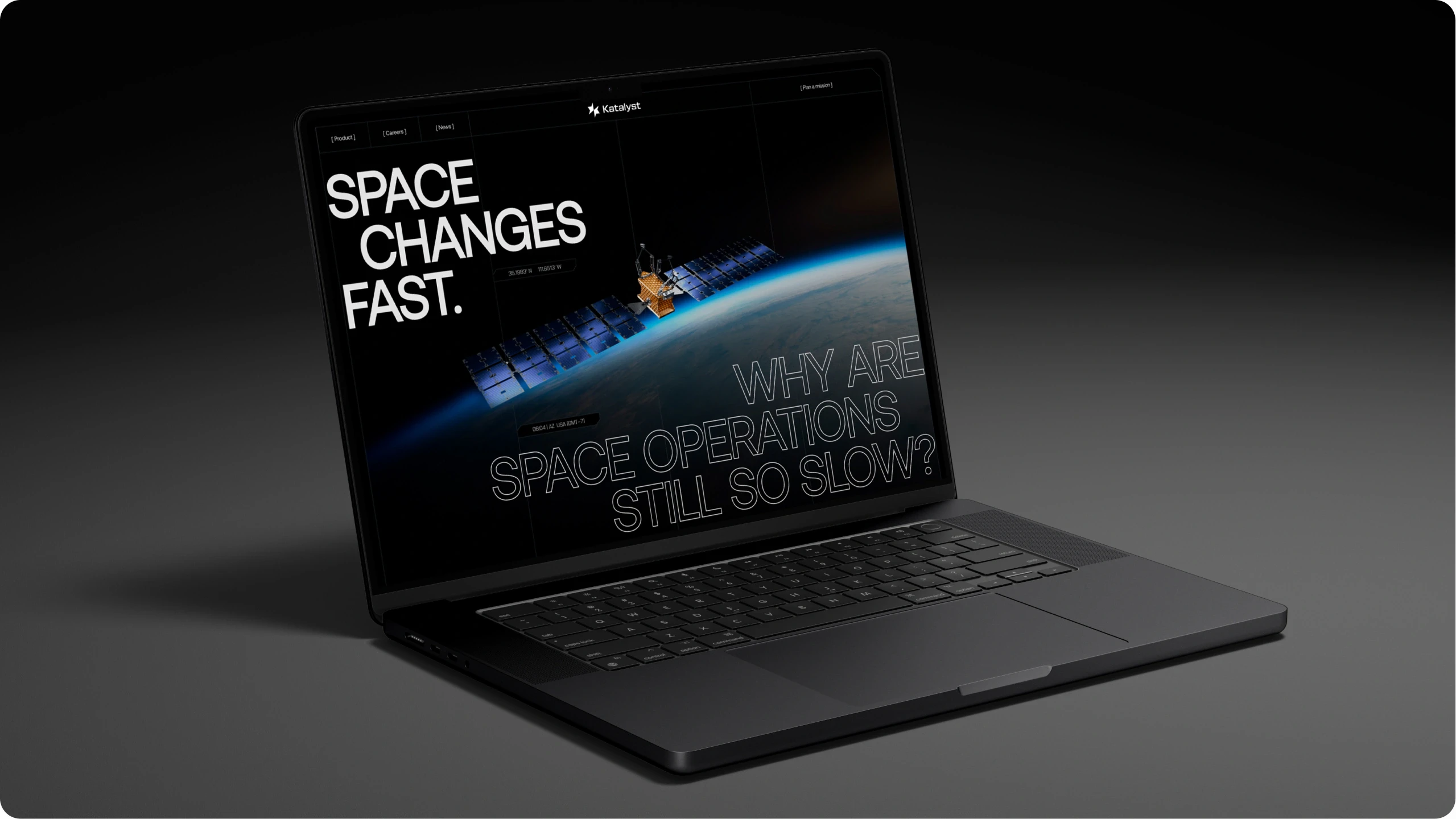Open laptop displaying a screen with a satellite orbiting Earth and text 'SPACE CHANGES FAST. WHY ARE SPACE OPERATIONS STILL SO SLOW?'