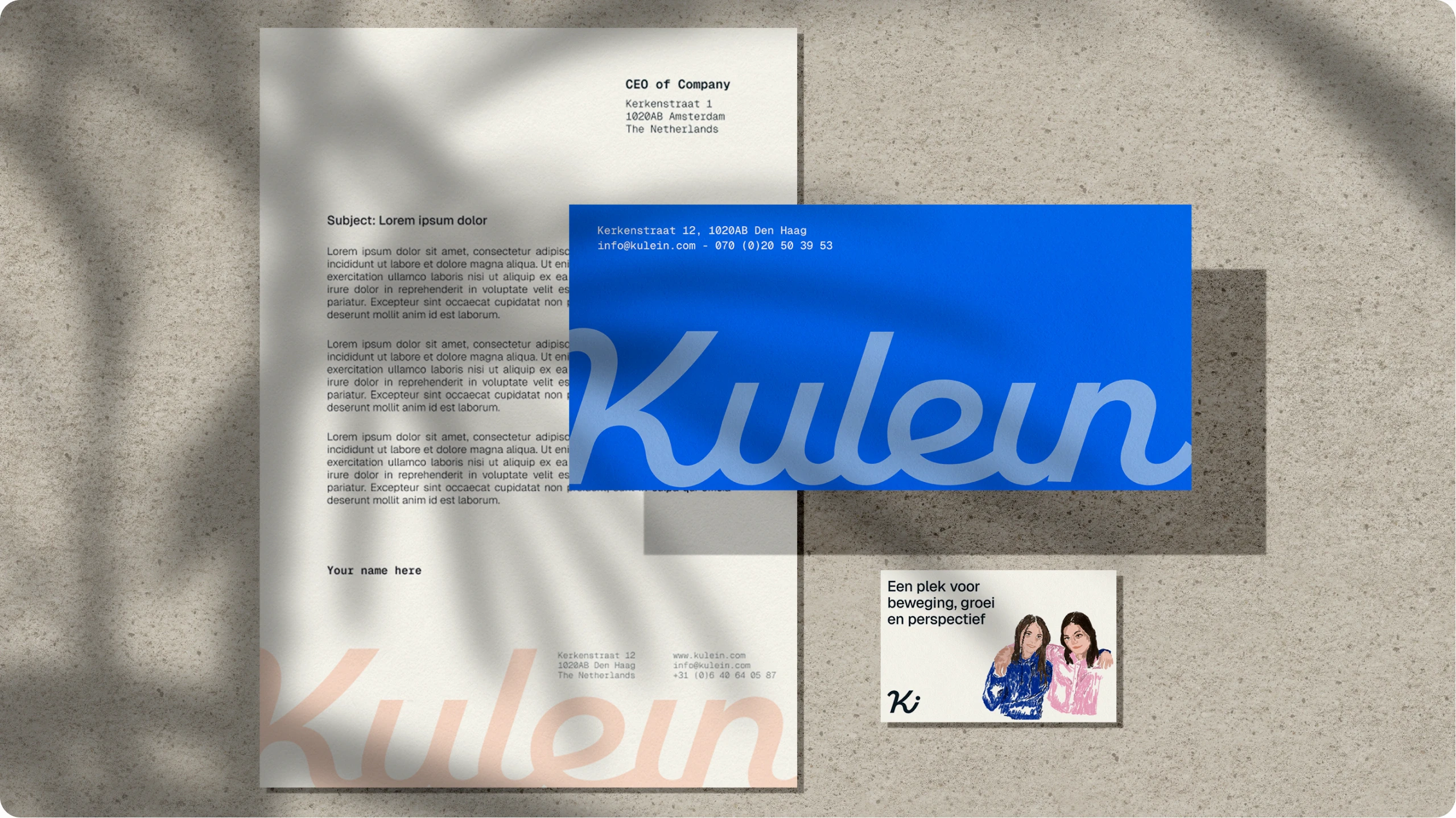 Letterhead with Lorem ipsum text and contact details, blue envelope with Kulein branding and contact info, and a business card featuring two illustrated women and Dutch text about growth and perspective.