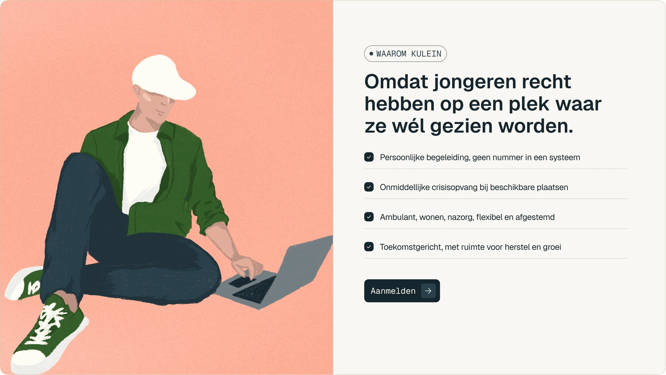 Illustration of a young person in a green jacket and white cap sitting on the floor using a laptop next to Dutch text about youth rights to a supportive place with personalized guidance and immediate crisis care.