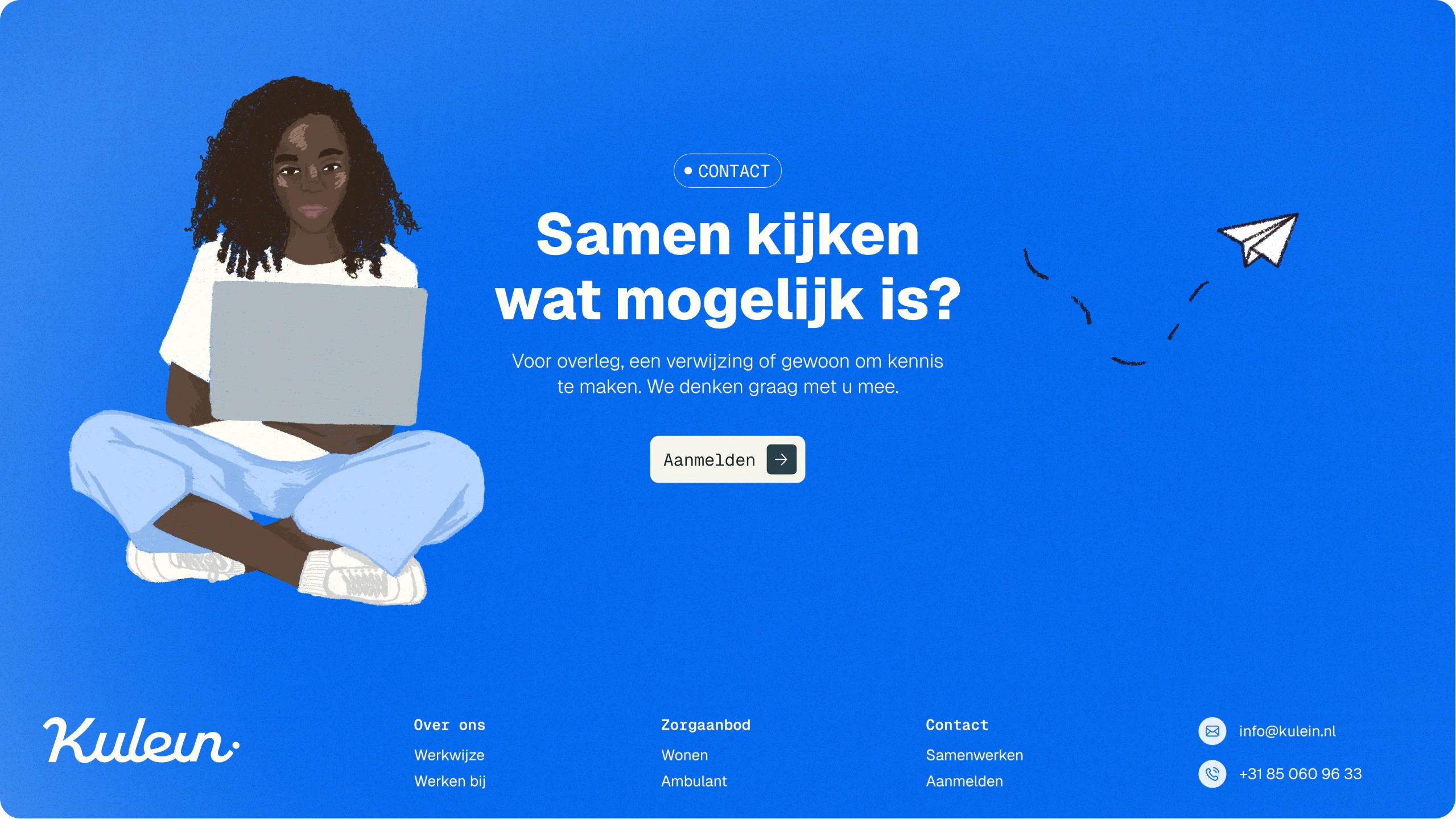Illustration of a person sitting cross-legged using a laptop, with Dutch text about collaborating and a button labeled Aanmelden on a blue background.