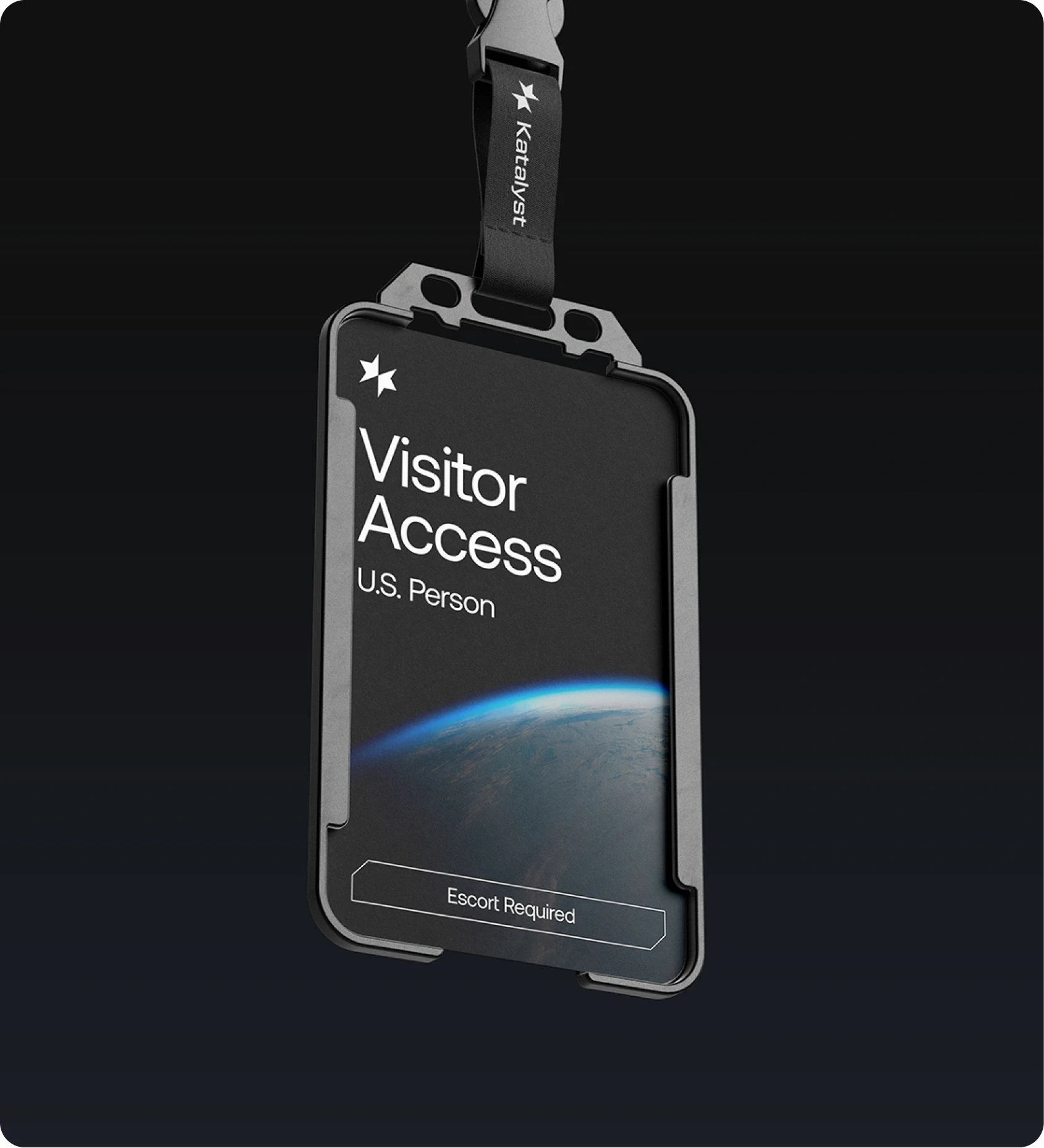 Black visitor access badge with lanyard, showing text 'Visitor Access U.S. Person' and 'Escort Required' over a space-themed background.