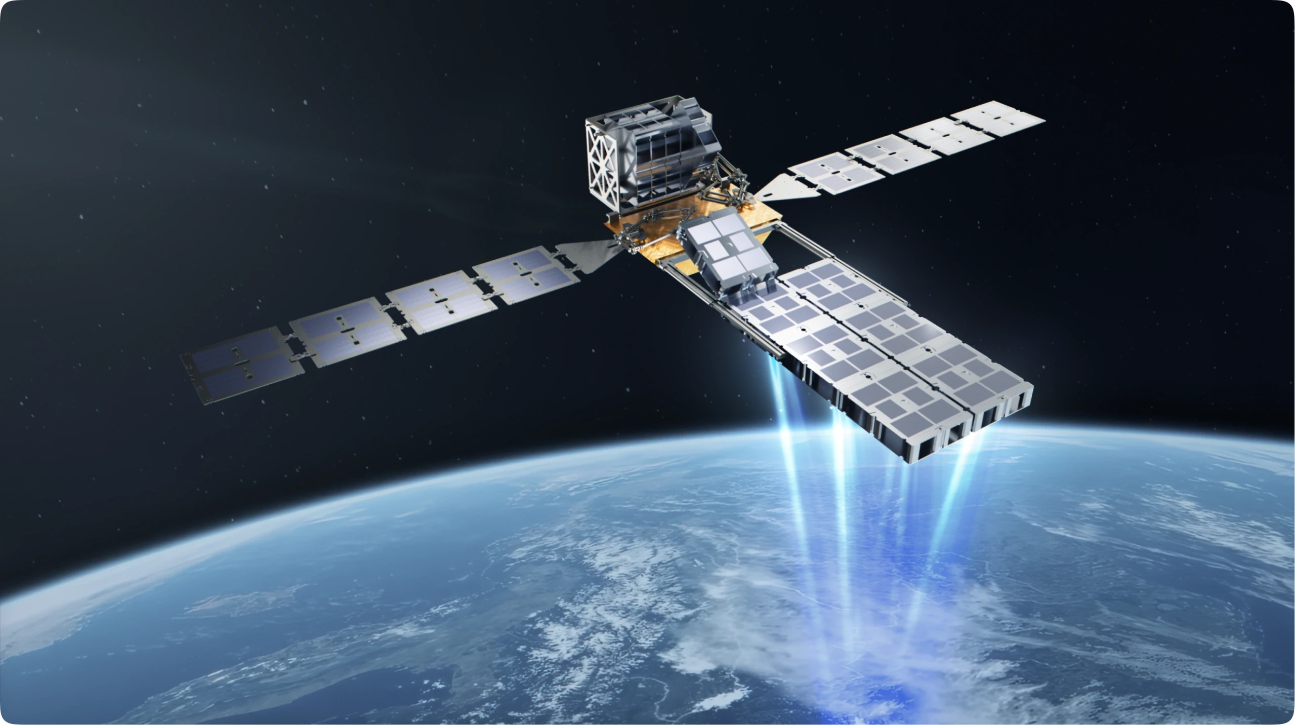 A Katalyst spacecraft above the Earth with three blue thruster beams firing below it.