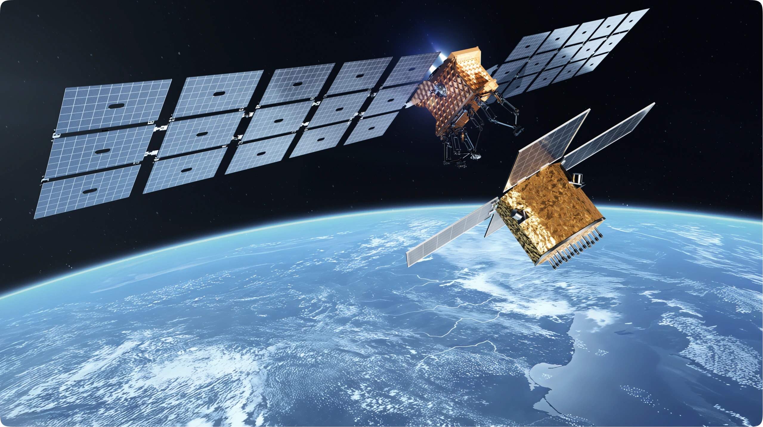 Two Katalyst spacecraft with solar arrays and gold-foiled bodies in orbit above the Earth.