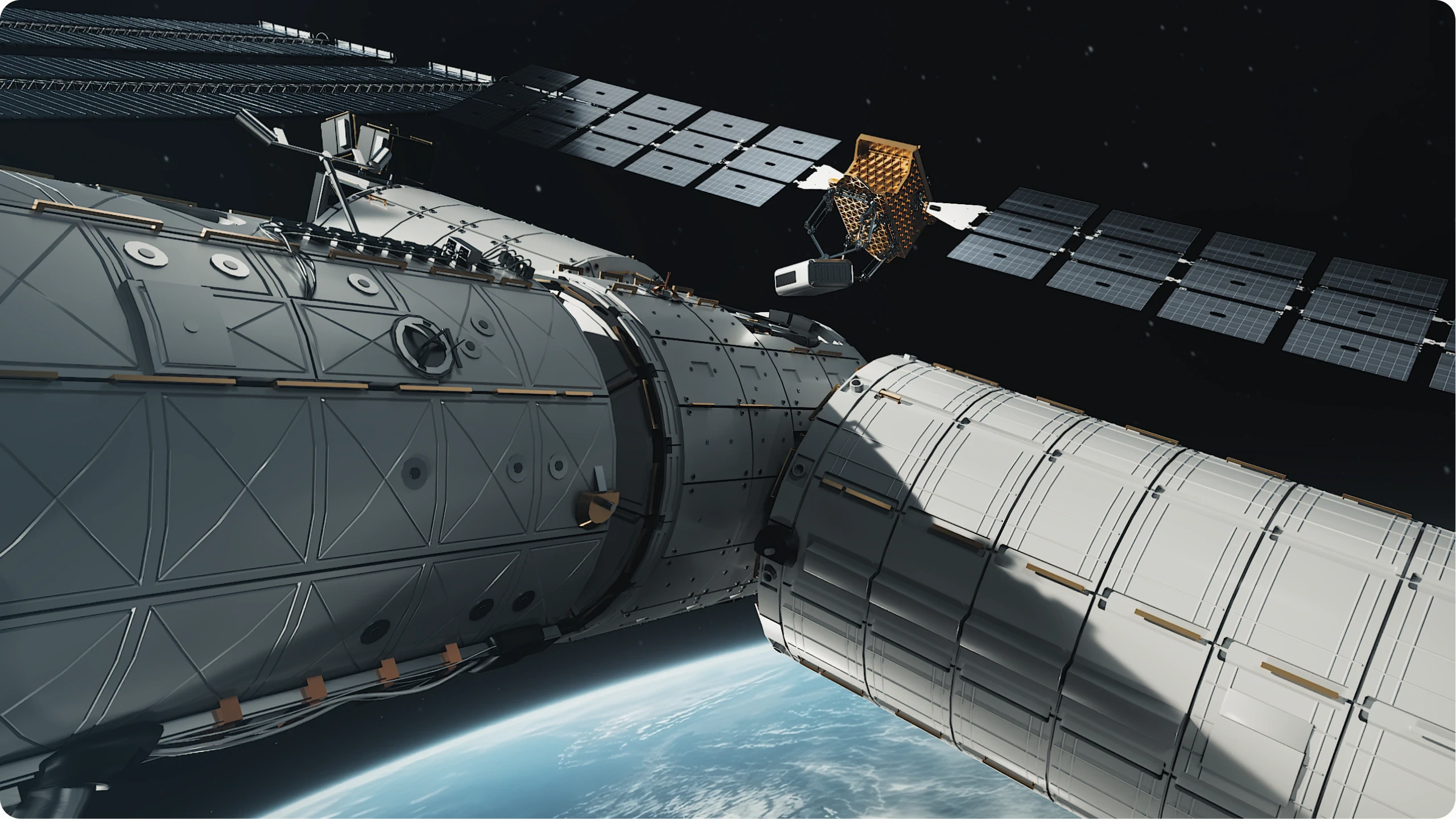 A Katalyst spacecraft docking with a large space station module above the Earth.